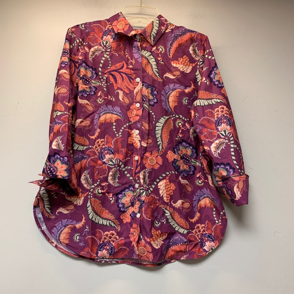 Chico's Button Down Shirt Women 1.5 US 10 Purple Floral Paisley Stretch Top